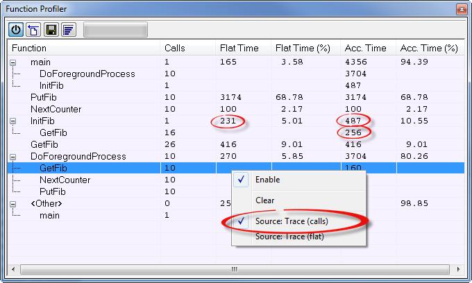 Using the profiler The second figure shows the result of profiling using Source: Trace (flat).