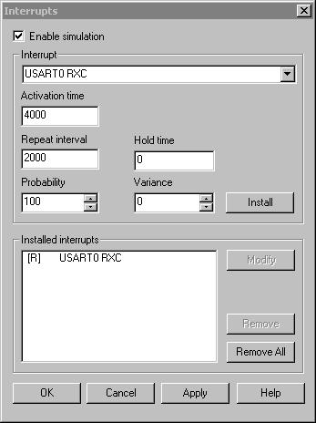 Reference information on interrupts Interrupts dialog box The Interrupts dialog box is available by choosing Simulator>Interrupts. This dialog box lists all defined interrupts.
