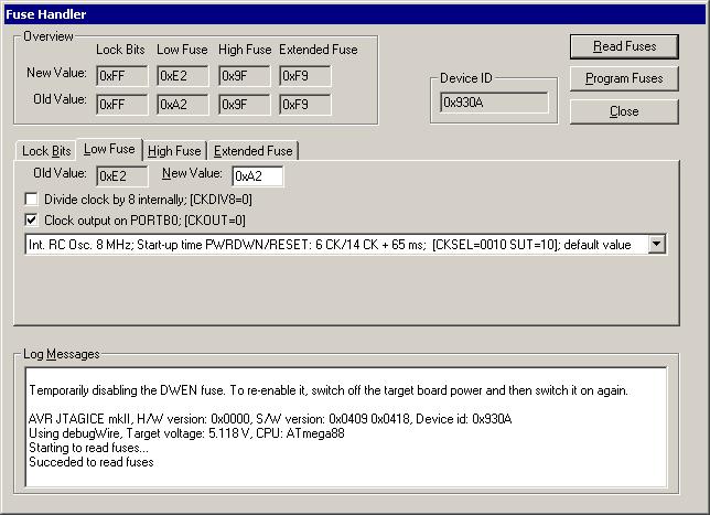 Additional information on C-SPY drivers Fuse Handler dialog box The Fuse Handler dialog box is available from the JTAGICE mkii menu or the Dragon menu, respectively.