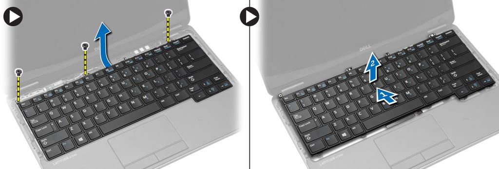 6. Perform the following steps as shown in the illustration: a. Slide the keyboard from the computer [1]. b. Lift the keyboard from the computer [2]. Installing the Keyboard 1.