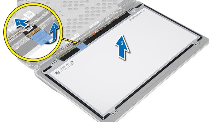 4. Perform the following steps as shown in the illustration: a. Peel the LVDS cable connector tape [1]. b. Disconnect the LVDS cable from the display panel [2]. c. Remove the display panel from the display assembly [3].