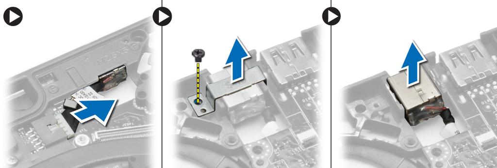 3. Disconnect the power-connector cable from the system board and remove the screw that secures the power connector to the computer. Remove the power connector from the computer.