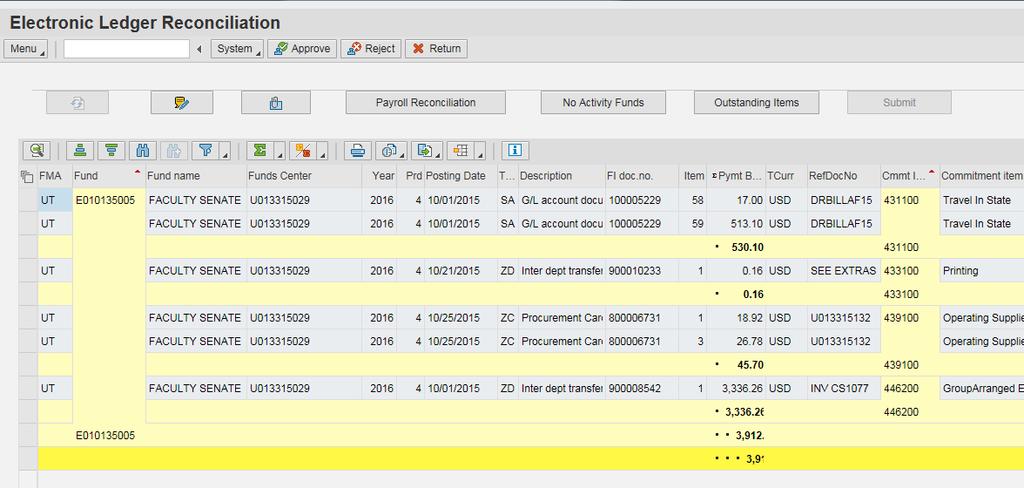 5. Click to display the Ledger Reconciliation and either approve or reject. Note that on the Ledger Reconciliation view that only the actual expenditures are shown.