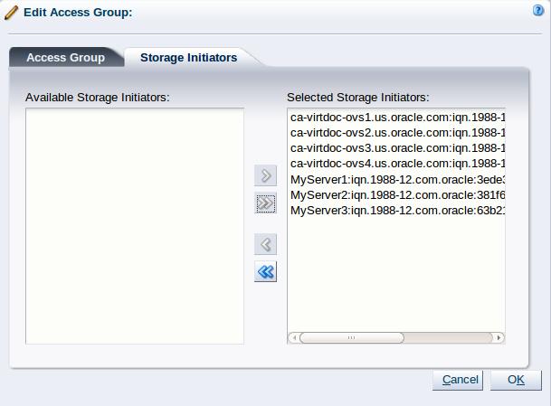 Discovering a SAN server (storage array) Select and move the Oracle VM Servers into the Selected Storage Initiators box to add