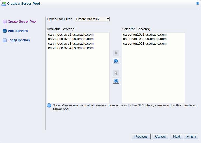 Creating a server pool Click Next to add Oracle VM Servers to the server pool. 4. The Add Servers step of the wizard is displayed.