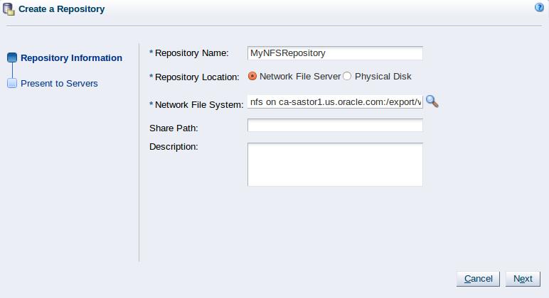 Creating a storage repository Enter a name for the repository. If you are using a file server for the repository, select Network File Server as the storage type to use for the Repository Location.