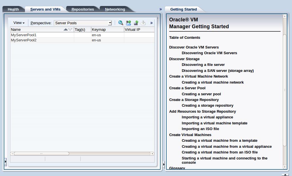 Chapter 2 Discover Oracle VM Servers Table of Contents 2.1 Discovering Oracle VM Servers... 4 When you log into Oracle VM Manager, the Servers and VMs tab is displayed. Figure 2.