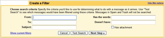 3. Enter your filter criteria in the fields: 4. Optionally, click Test Search to see which messages currently in Google Mail match your filter terms.