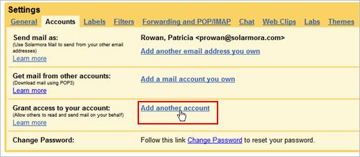 3. Click the Accounts tab, and then, under Grant access to your account, click Add another account. 4.