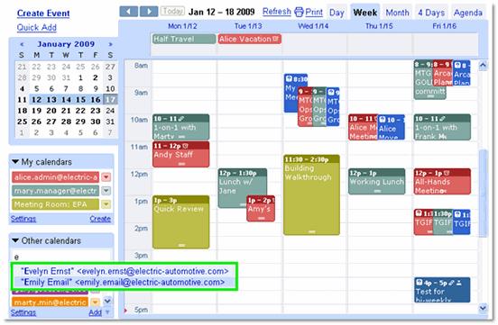 To overlay calendars: In the Other calendars list on the left of your calendar, type the addresses of the employees whose