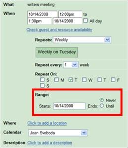 If you select the Never option for the end date, Google Calendar may decline your meeting.