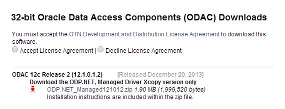 Figure 87: 32-bit Oracle Data Access Cmpnents (ODAC) Dwnlads interface.