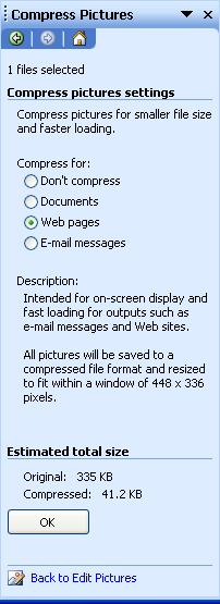 To compress pictures for your documents, click on the Compress Pictures. This menu will appear on the right side of your screen.
