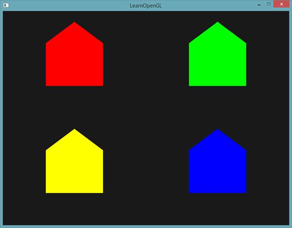 30.2 Let s build some houses 296 Just for fun we could also pretend it s winter and give their roofs a little snow by giving the last vertex a color of its own: white. fcolor = gs_in[0].