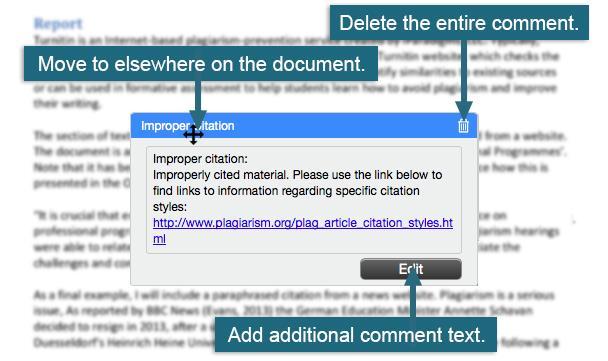 You can modify a QuickMark comment which has been positioned in the submitted document by moving your mouse over the title of an in-document QuickMark comment.