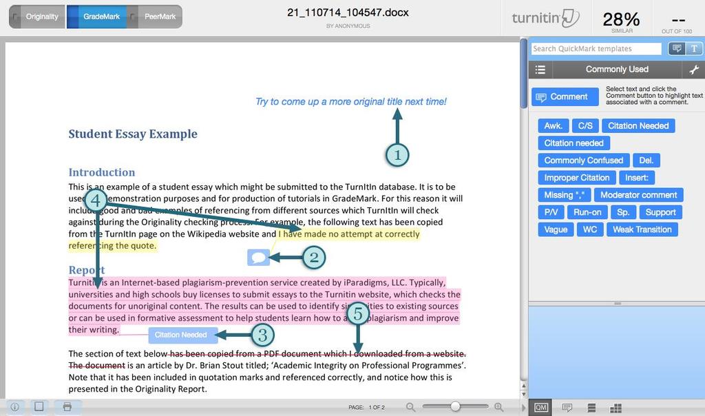 3. Document annotation tools GradeMark provides a number of tools which allow markers to add personalised or predefined annotated comments directly onto submitted documents.