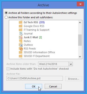 3. Select the radio button; Archive all folders according to their AutoArchive settings. Then click, OK, at the bottom of the Archive dialog box.