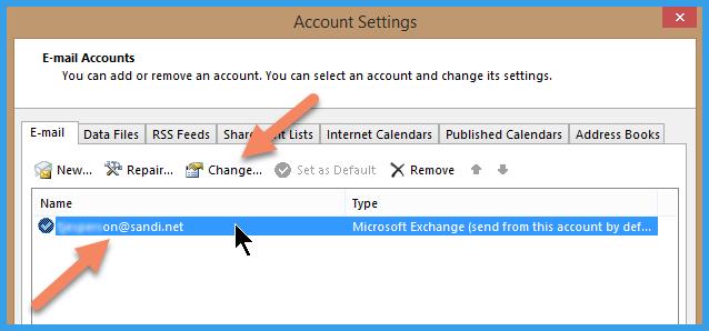 4. The Account Settings dialog box will open. Either double click on your sandi.