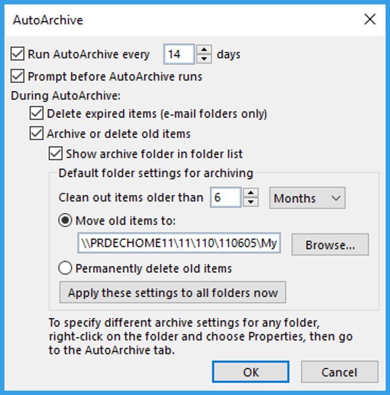 10. Click on, Default Archive Settings. 11. Check the box for, Run AutoArchive every [14] days (this can be left at 14 days). 12.