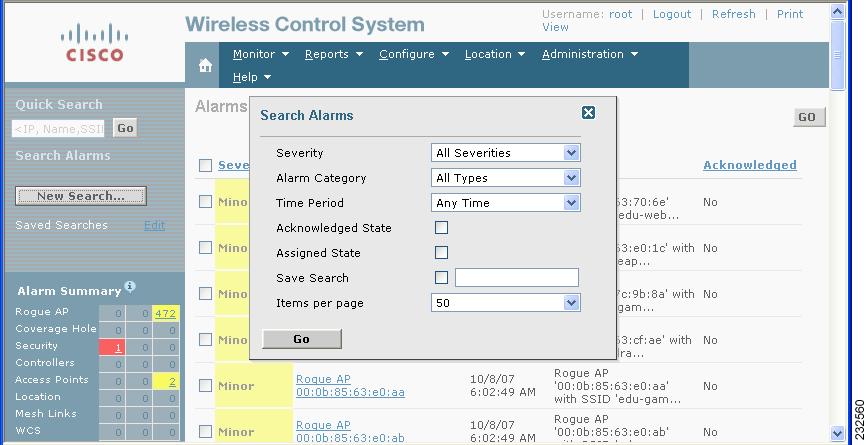 Important Notes Figure 1 Monitor > Alarms > New Search Panel Change of Advanced Command buttons on the Advanced Parameters window In Cisco WCS,