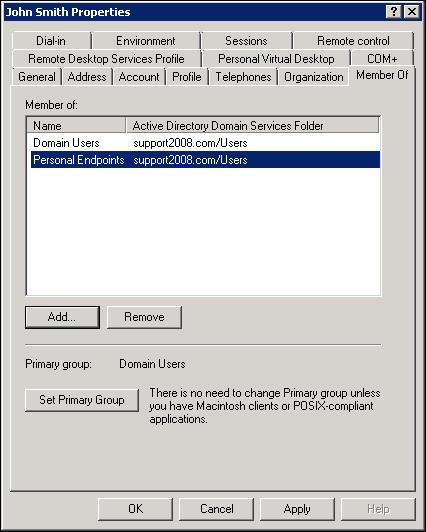 Creating User Groups and Users in the Microsoft Active Directory b. Select Add. c. Select Advanced. d. Select Find Now. Figure 23: Assigning the new user to the Personal Endpoints group e.