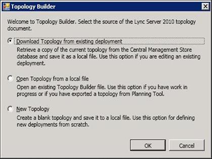 Configuring the Microsoft Lync Server 9. Select Download Topology from existing deployment and select OK. The Save Topology As dialog box opens. 10. Enter the topology file name and select Save. 11.