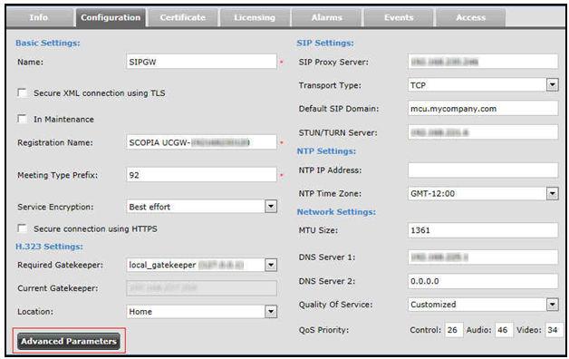 Configuring Your Scopia Video Gateway Deployment Figure 40: Configuring a gateway from Equinox Management 5. Select Advanced Parameters.