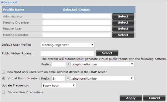 Connecting Equinox Management to Microsoft Components of Your Video Network Figure 52: Advanced section of LDAP Server Settings page You can assign multiple LDAP user groups to each Equinox