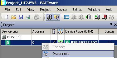 The connection is established. The connection status is displayed: Disconnecting the Communication DTM from the PC 1.