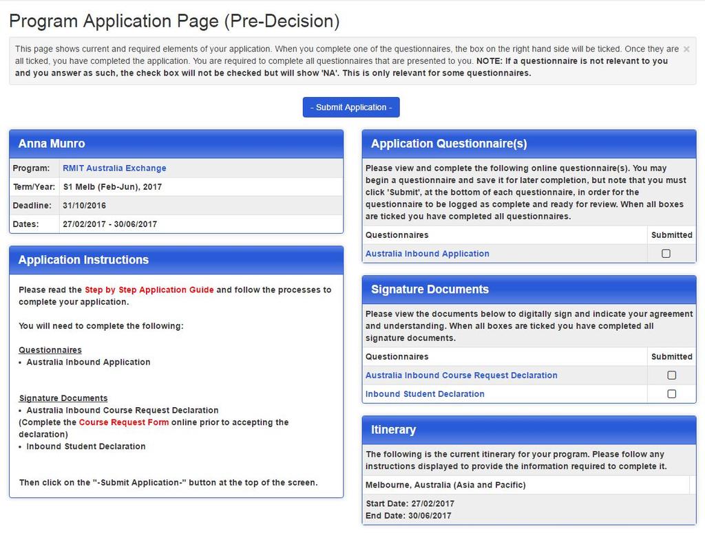 SCREEN 16: Program Application Page (Pre-Decision) > The sections you must complete are listed on the right hand side of the screen.