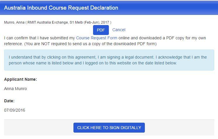 portal and complete the Australia Inbound Course Request Declaration in