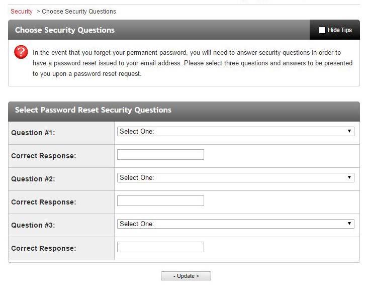 SCREEN 8: Set Security Questions > Once successfully logging in, select