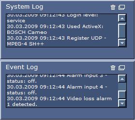 Dinion IP Infrared Imager Operation via the Browser en 39 7.3.2 System Log / Event Log The System Log field contains information about the operating status of the NEI-30 and the connection.