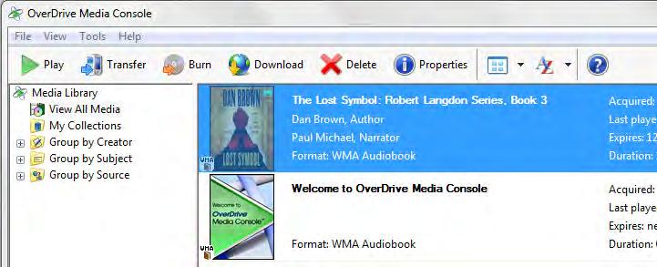Download audiobooks with a computer Download and install the OverDrive Media Console (see front page). You may have to perform a security upgrade for your Windows Media player, see: hbp://goo.