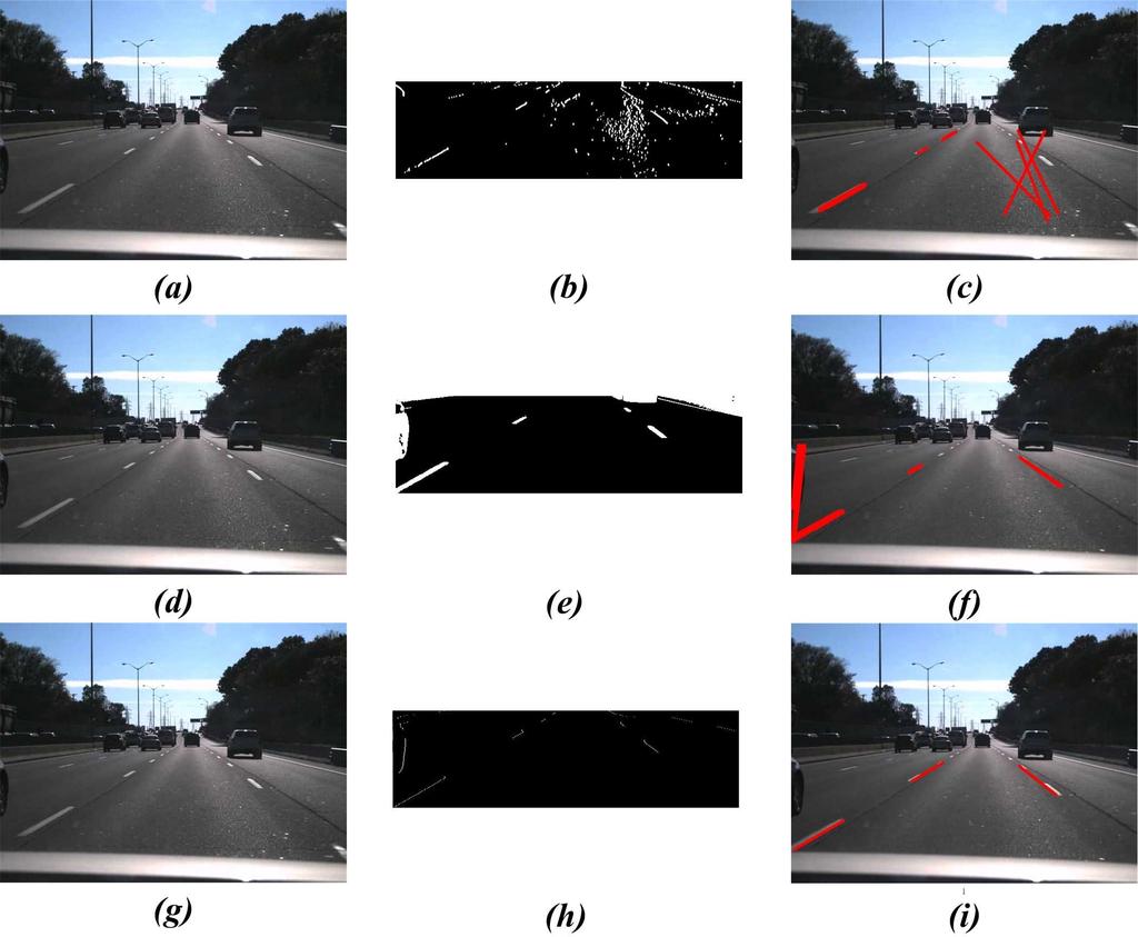 Figure 4.2: Comparison of Edge-based, MSER-based and the proposed simplified module. Images (a), (d) and (g) represent the same frame taken from Clip #1.