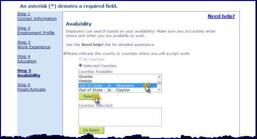 Select button. Out-of-state counties that border Wisconsin can also be chosen.