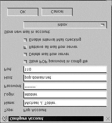 The Configure Account dialog box is shown in Figure 8.5. In this dialog box, you need to supply your name, login account name, password (optional), the mail host, and the port to use.
