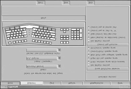 Figure 4.3. The XF86Setup Keyboard setup window. Starting at the left half (and top) of the Keyboard configuration window, you see selections for Model, Layout, and Variant.