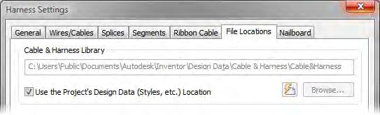 Harness Settings: File Locations Tab The cable and harness library file that is used by the harness assembly is determined based on the setting on the File Locations tab.