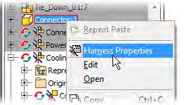 When the harness assembly is active, you can select any electrical part and access the Harness Properties menu option, regardless of where the electrical part is located in the model.