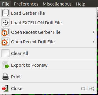 GerbView 5 / 10 5 Commands in menu bar 5.1 File menu It is possible to load gerber and drill files into Gerbview. There is also an auxiliary option to export gerbers to pcbnew.