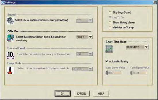 RS232 Communications and Software 4 Figure 11. Settings Screen COM Port: Selects the communication port to be used while monitoring. Selections are: COM 1, COM 2, COM 3 or COM 4.