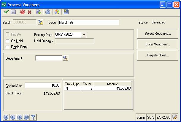 Batch Processing Entering information To enter information, create or reopen a batch in a batch entry window; this is the first window that appears in a batch processing task.
