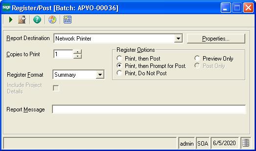 Batch Processing Posting options When you click Register/Post in a batch processing task, a window similar to the following appears.
