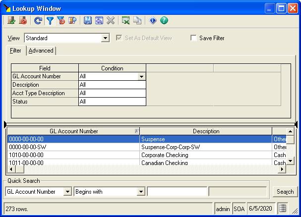 Common Navigation Features Searching for account numbers Click the Lookup button next to a general ledger account field to locate an account number using the Advanced tab.