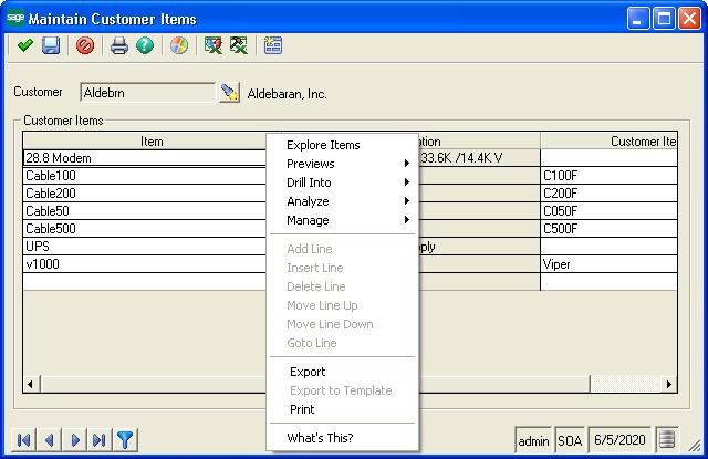 Common Navigation Features Working with Lines in a Grid Line options Export and print options Moving lines When you click a line in a grid and then right-click, a menu appears that allows you to: Add