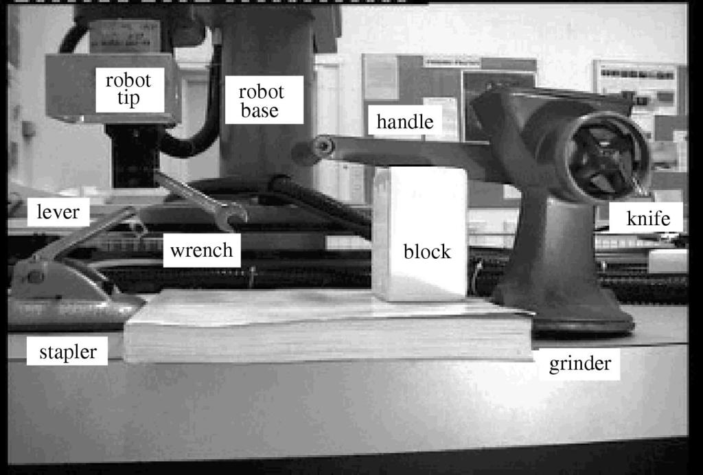 There are four moving objects: the robot tip, the stapler lever, the grinder handle, and the grinder knife. Fig. 14 shows six frames from the image sequence.