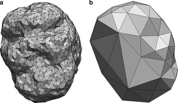 Tetrahedral Mesh Generation Evaluation on Brain NRR 139 Fig. 3 Meshes produced by Tetgen and CGAL. (a) H equal to 5.88 (best fidelity). (b) H equal to 23.