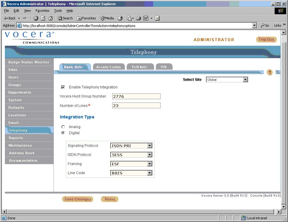 6.2. Configuring the Vocera Telephony Server for T1 ISDN-PRI The following screen shows the configuration used when Vocera was connected to Avaya Communication Manager.
