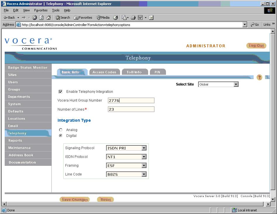 The following screen shows the configuration used when Vocera was connected to Avaya IP Office. The Integration Type was set to Digital.